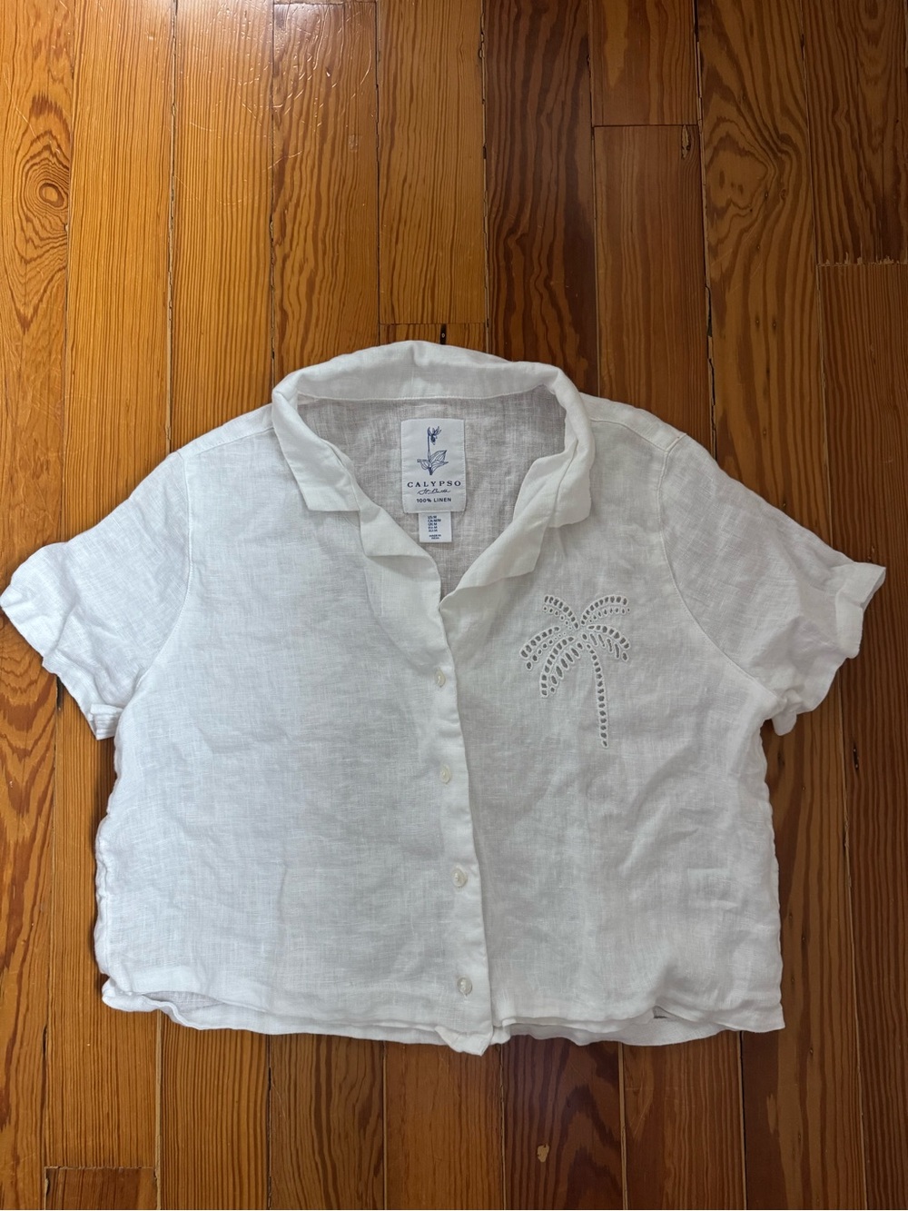 Calypso St. Barth White Linen Palm Eyelet Button-Front Shirt